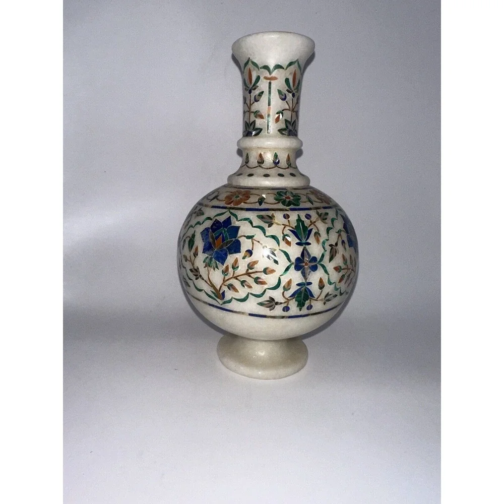 Vintage White Marble Pietra Dura Inlay Floral Vase Handcrafted Stone Art 2-Piece